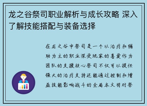 龙之谷祭司职业解析与成长攻略 深入了解技能搭配与装备选择